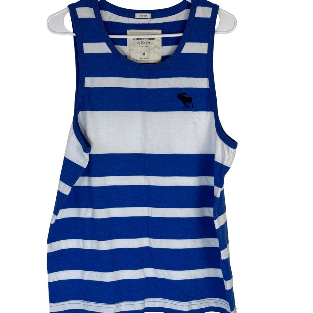Abercrombie & Fitch Tank Top Mens Medium Blue White Striped Muscle Fit Logo